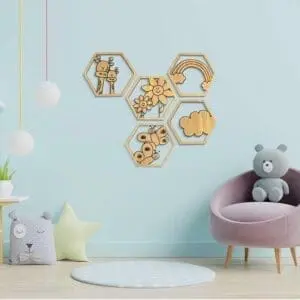 Houten wanddecoratie kinderkamer hexagon wolk regenboog bloemen giraffen vlinder gepersonaliseerd