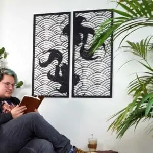 Koi waves 2.0 houten wanddecoratie 2-luik wandpanelen zwart kunst koi vissen japanse stijl golven