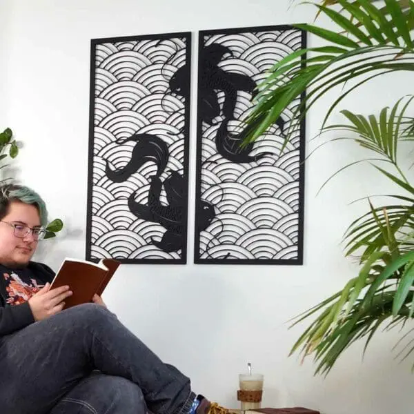 Koi waves 2.0 houten wanddecoratie 2-luik wandpanelen zwart kunst koi vissen japanse stijl golven