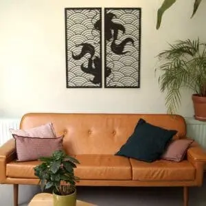 Koi waves 2.0 houten wanddecoratie 2-luik wandpanelen zwart kunst koi vissen japanse stijl golven