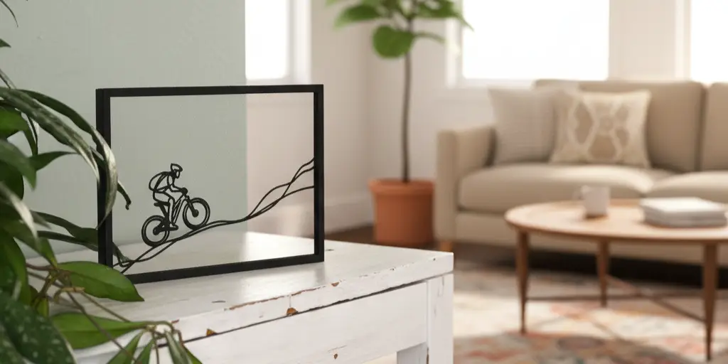 Modern interieur met een handgemaakt houten floating frame van een wielrenner op een witte houten tafel.